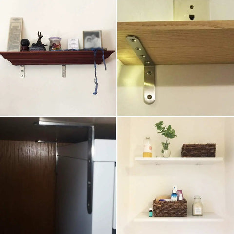 Heavy Duty Beefy Stainless Steel Shelf Brackets Pack Of Four For 5X3 Inch Right Angle Corner Supports 35lb Per Pair Capacity displaying shelves in different settings.