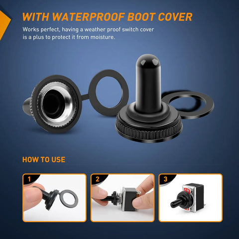 Heavy Duty Rocker Toggle Switch SPST 2 Pin On Off 15A 250V with waterproof boot cover, shown detached, and installation steps