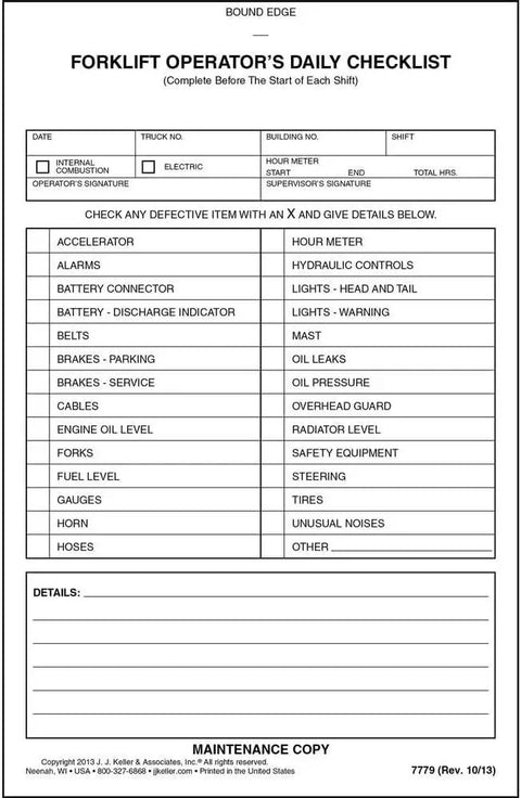 Heavy Duty Forklift Operator Daily Pre Shift Safety Inspection Checklist Carbonless Forms No Fuss Warehouse Grind Ready Electric Or Gas Engine Maintenance Log Five Pack showing detailed inspection items.
