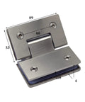 Heavy Duty Stainless Steel Pivot Hinges Bring A Slick 135 Degree Swing Easy Install For 8 To 12 Millimeter Glass Doors, shown from the front with dimensions.