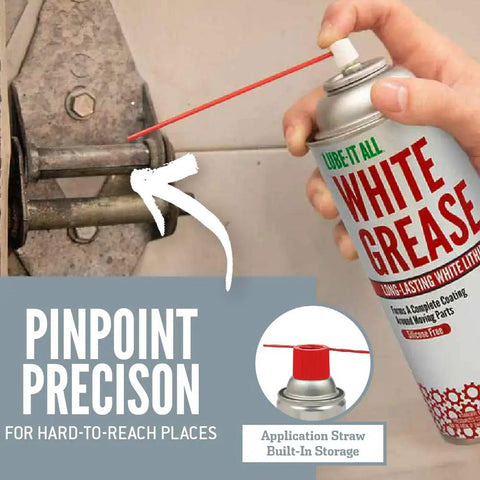 Using White Lithium Grease Aerosol 11 oz with straw for precise lubrication on metal part