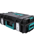 Heavy Duty Stackable Toolbox With Metal Clip And Easy Grip Top Handle For Modular Workshop Rig and Clutter Free Job Site Storage and Professional Grade Tool Case Built For Daily Grind Hustle, black and teal design.