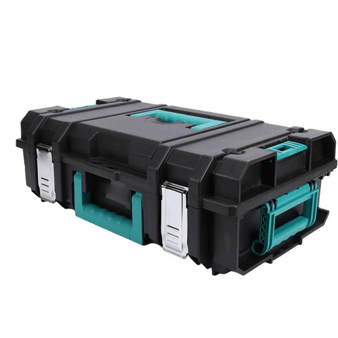Heavy Duty Stackable Toolbox With Metal Clip And Easy Grip Top Handle For Modular Workshop Rig and Clutter Free Job Site Storage and Professional Grade Tool Case Built For Daily Grind Hustle, black and teal design.