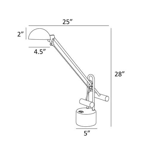 Diagram of Halotech 29-Inch LED Desk Lamp with dimensions, counter-balance arm, and polished steel finish.