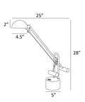 Diagram of Halotech 29-Inch LED Desk Lamp With Counter-Balance Arm in polished steel showing dimensions and adjustable components.