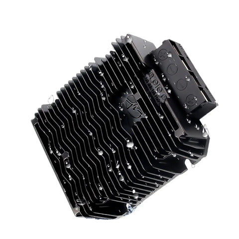 Heavy Duty Step Down DC DC Converter 18V To 90V To 12V Regulator with cooling fins, water droplets, suitable for heavy vehicles.