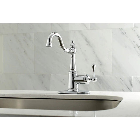 Old School Vintage Style Single Handle Lavatory Faucet With Push Pop Up Drain Plate Polished Chrome Solid Brass Construction Drip Free Ceramic Disc Cartridge Deck Mount One Hole Installation One Point Two GPM installed on deck