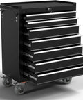 7-Drawer Rolling Tool Chest With Locking System, Beefy Heavy Duty Alloy Steel Cabinet On Wheels, Black, side angle view.
