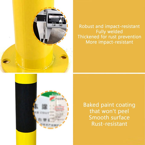U Shaped Steel Pipe Wheel Stop with Anti Collision Round Parking Post in Visibility Yellow and Black, rust-resistant coating details.