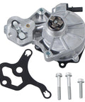 Angled front view of a silver aluminum brake vacuum pump with mounting bracket, black gasket, and three bolts.