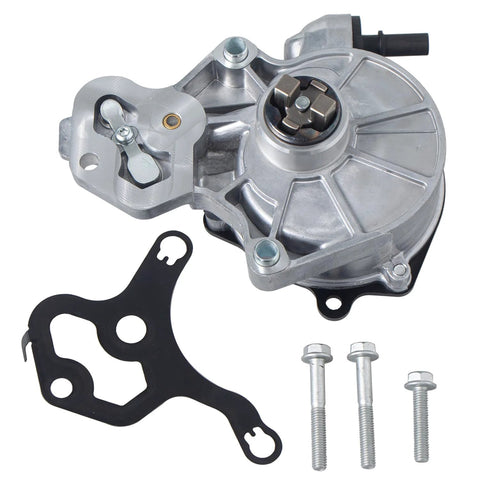 Angled front view of a silver aluminum brake vacuum pump with mounting bracket, black gasket, and three bolts.