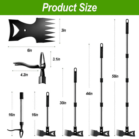 Product size chart showing 58-Inch Stand Up Weed Puller Tool With Long Handle 2-In-1 Manual Weeder And Garden Hoe components