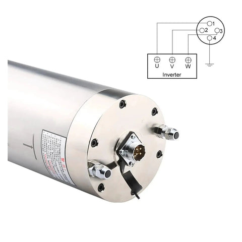 High Torque Fluid Cooled CNC Spindle Motor Five Point Five Kilowatt Three Eighty Volt ER Twenty Five Precision Chuck close-up with connectors.
