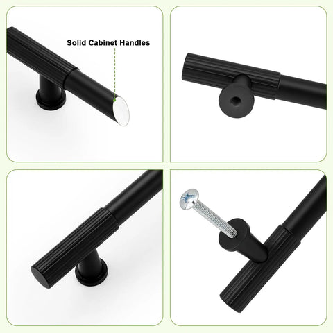 10 Pack 5 Inch Matte Black Cabinet Handles And Drawer Pulls With 128mm Hole Centers Solid Rust Resistant Hardware close-up views.
