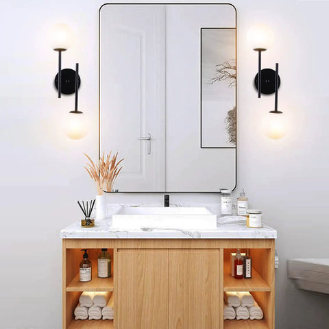 Two Light Modern Matte Black Vanity Lights With White Globe Glass Shades Industrial Farmhouse Wall Lamp in bathroom