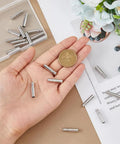 60Pcs Bolo Tie Tips And Cap Buckles Set In Silver Tone, 21.5mm Long With 4mm Inner Diameter, Alloy Bolo Findings For DIY Jewelry Making, Garment Decoration And Craft Projects, Platinum Finish shown in hand with coin