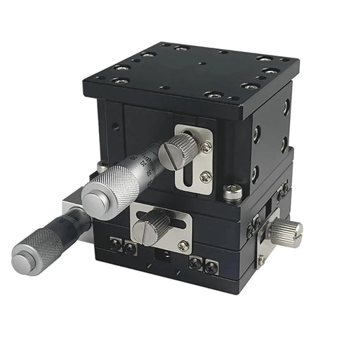 Top Shelf XYZ Axis Manual Linear Stage 90 X 90mm Dual Cross Rail Aluminum Sliding Table with knobs for precise adjustments.