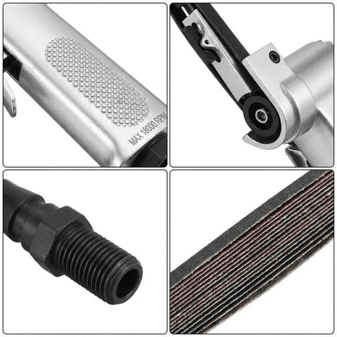 Top Shelf Pneumatic Air Belt Sander With A Ridiculously Fast 10 Mm Track And Hog Wild 16000 Rpm Motor showing detailed handle and belt.