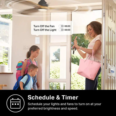 Woman using smartphone near door with Smart Ceiling Fan Controller And Dimmer Switch for Easy Breeze And Lit Ambiance visible.