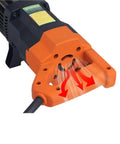 Close-up of the handle and cooling vents of the heavy duty portable electric rebar cutter for swift, precise steel bar bending.