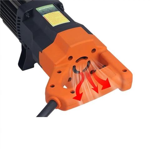 Close-up of the handle and cooling vents of the heavy duty portable electric rebar cutter for swift, precise steel bar bending.