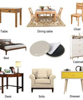 Collage showing wooden table, dining table set, chair, bed, 2 Inch Stick On Furniture Sliders 12 Pack Glides, cabinet, desk, sofa, and dresser.