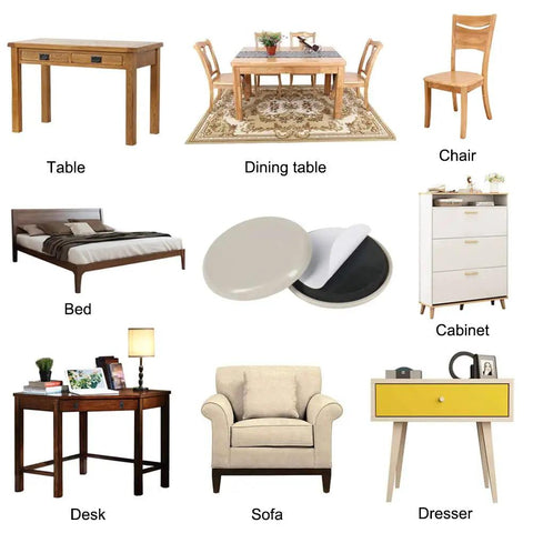 Collage showing wooden table, dining table set, chair, bed, 2 Inch Stick On Furniture Sliders 12 Pack Glides, cabinet, desk, sofa, and dresser.
