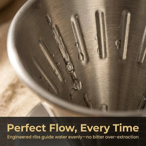 Interior view of reusable stainless steel coffee dripper for pour over coffee, large V shaped filter with handle, showing ribbed design