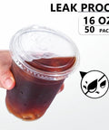 16 Oz Clear Plastic Cups With Lids 50 Pack For Iced Coffee And Cold Drinks Strawless Sip Lids Perfect For Parties Outdoors Office Events Disposable Cups shown with iced coffee and secure lid