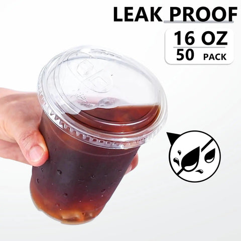 16 Oz Clear Plastic Cups With Lids 50 Pack For Iced Coffee And Cold Drinks Strawless Sip Lids Perfect For Parties Outdoors Office Events Disposable Cups shown with iced coffee and secure lid