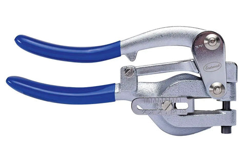 Heavy Duty Sheet Metal Hand Punch Tool for Holes Up To Nine Thirty Second Inch, 14 Gauge Capacity, shown with blue rubber handles