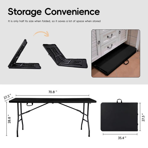 Foldable 6 Foot HDPE Table Go To Portable Banquet Surface Fold In Half Desk Utility for compact storage shown folded and unfolded.