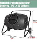 Front view of 170L Outdoor Compost Bin With Wheels, 360 Degree Rotating Drum For Effortless Turning And Aeration, Heavy Duty