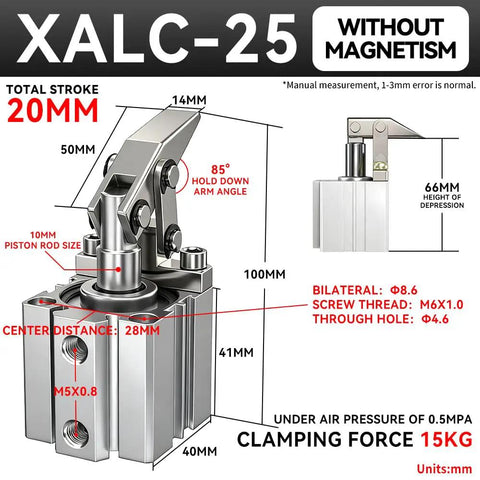 Heavy Duty Xalc Pneumatic Cylinder Featuring Inclined Rod Lever Design And Compression Clamping Rocker Arm Fixture Non Magnetic Aluminum Build, with detailed measurements.