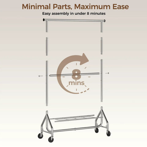 Kickass Durability Double Rod Clothes Rack, Rolling Garment Stand With Zero Hassle Setup, Heavy Duty Freestanding Closet Organizer For Bedroom Or Laundry, Space Savvy Two Tier Build In Sleek Silver