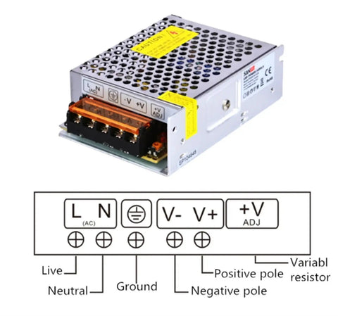 Beefy 24V 2.5A 60W LED Switching Power Supply Driver For 110V 220V AC DC Lighting Plug And Play Transformer Style Power Adapter Stable Output For Indoor Outdoor LED Installations, metal case with wiring diagram