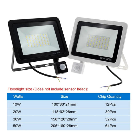 JUDYSSY Led Floodlight Pir Motion Sensor White/Warm White Ip66 Ac220 Exterior Projector Spotlight Smd2835 50W black and white design with sensor.