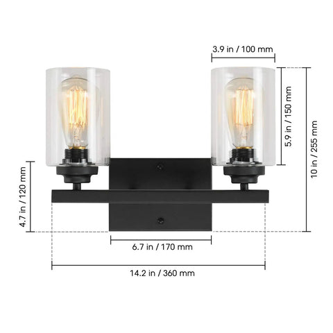 Industrial Vintage Vanity Light Wall Sconce Two Lights Black Finish With Clear Glass Shades Over Mirror Ideal For Hallway Kitchen Living Room And Bedroom Dope Modern Farmhouse Style, dimensions displayed