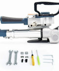 Pneumatic strapping tool with aluminum body and accessories for packaging. Ideal for 1/2 to 3/4 inch strap widths.