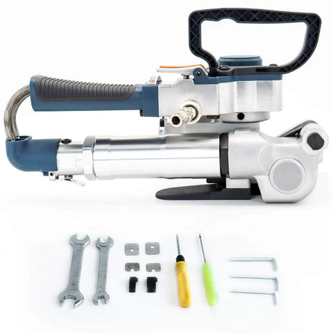 Pneumatic strapping tool with aluminum body and accessories for packaging. Ideal for 1/2 to 3/4 inch strap widths.