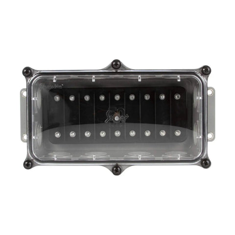 12 Port Junction Box Kit 50600 With Big Easy Access Wiring Box, Silicone Gasket Lid Keeps Moisture And Corrosives Out, Reinforced Mounting With Four Eyelet Holes, 12 Pre-Tapped Holes For Quick And Clean Wire Connections. Front view of ABS junction box with clear lid