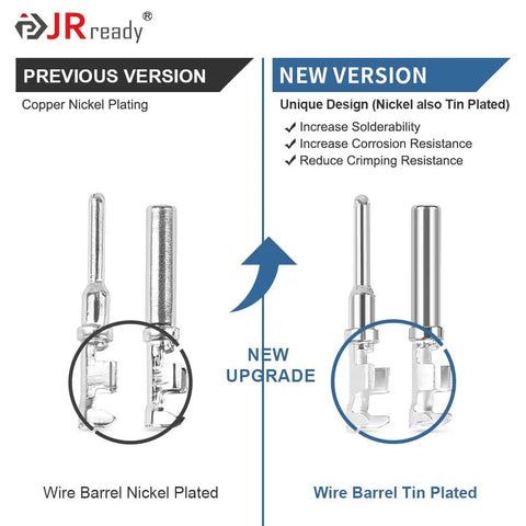 Comparison of previous and new version wire barrels, nickel vs tin plated, part of Open Barrel Contact Kit For DTP DT DTM Connectors.