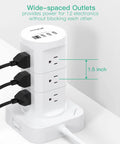 16 In 1 Tower Power Strip With 12 Outlets And 4 USB Ports Including USB C Flat Plug 1800 Joules Surge Protection 15A 1875W Overload Safe Charging Station For Home Office, showing wide-spaced outlets with plugs inserted.