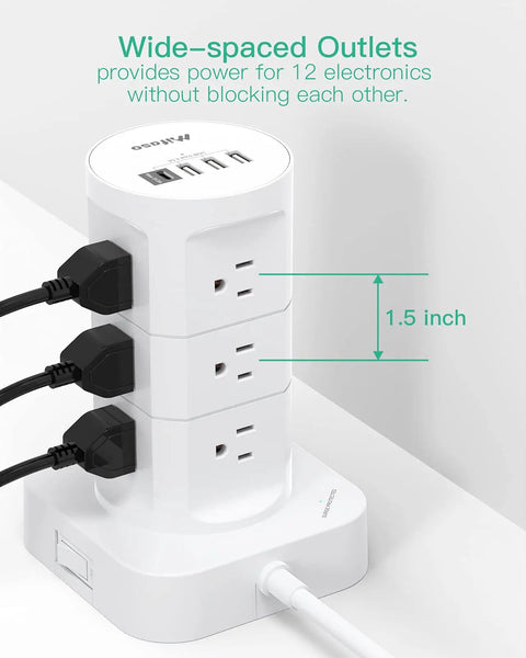 16 In 1 Tower Power Strip With 12 Outlets And 4 USB Ports Including USB C Flat Plug 1800 Joules Surge Protection 15A 1875W Overload Safe Charging Station For Home Office, showing wide-spaced outlets with plugs inserted.