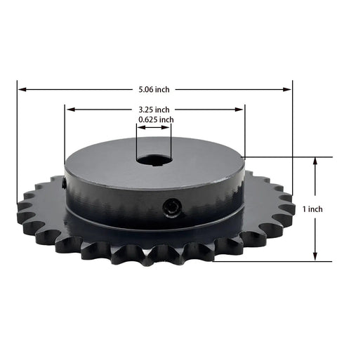 Roller Chain Sprocket Type B For ANSI 40 Chain, 30 Tooth, 5/8 Inch Bore, with size dimensions, 1045 Carbon Steel Hardened Teeth
