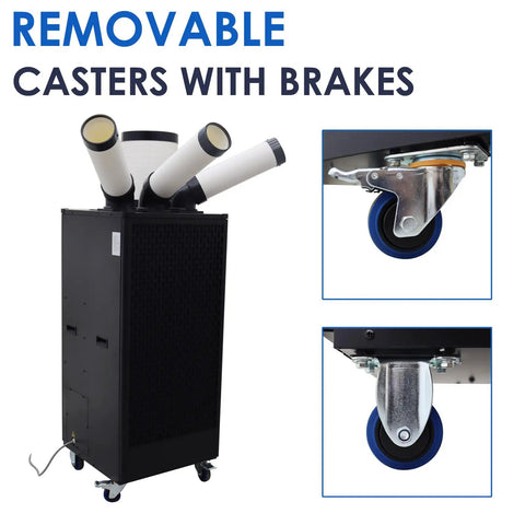 Commercial Grade Heavy Duty 220V Portable Air Conditioner Industrial Spot Cooler with removable casters and brakes.