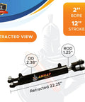 Beefy Built To Last 2x12 Hydraulic Cylinder With 2 In Bore And 12 In Stroke Double Acting Welded Clevis 3000 Psi Rating Retracted 22.25 In Extended 34.25 In SAE 6 Ports For Industrial Machinery, retracted view