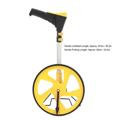 Rugged Workhorse Digital Measuring Wheel With Crisp Backlit Lcd Gauge And Flexible Telescopic Shaft, side view with yellow wheel and black handle.