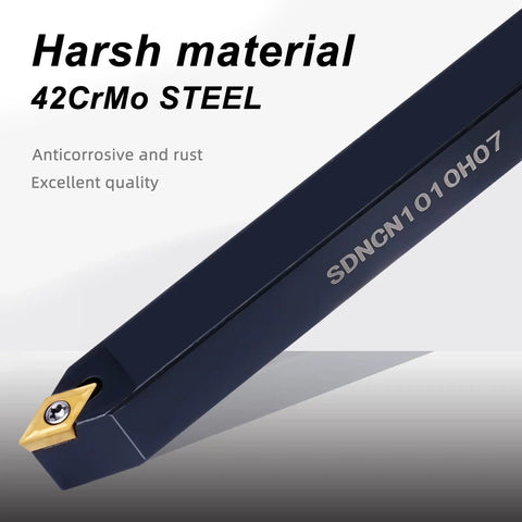 Heavy Duty 3/8 Indexable Lathe Turning Tool Set With Seven Angled Holders And Sharp Carbide Inserts For No Nonsense Shop Grade Metalworking Projects, 42CrMo steel tool close-up showing carbide insert.