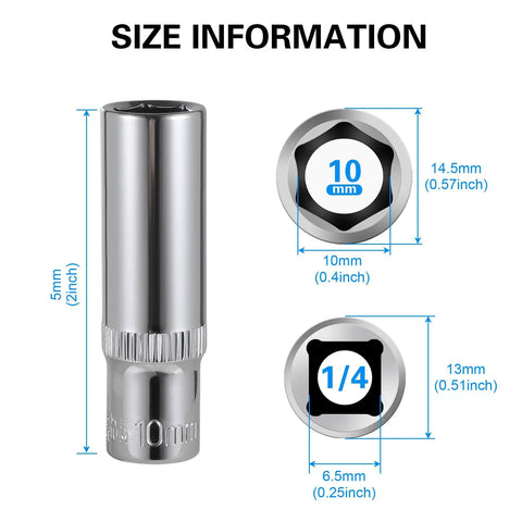 Size dimensions of the 9-Piece 10mm 6-Point Deep Sockets Set For 1/4 Inch Drive, showing length and diameter.